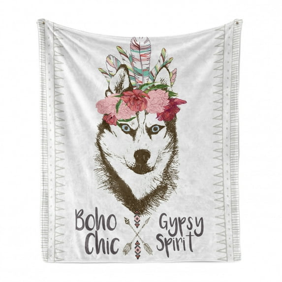 Wolf Soft Flannel Fleece Throw Blanket, Pattern of Floral Head Portrait of Siberian Husky Dog Tribal Arrow Elements Image, Cozy Plush for Indoor and Outdoor Use, 50" x 70", Multicolor, by Ambesonne