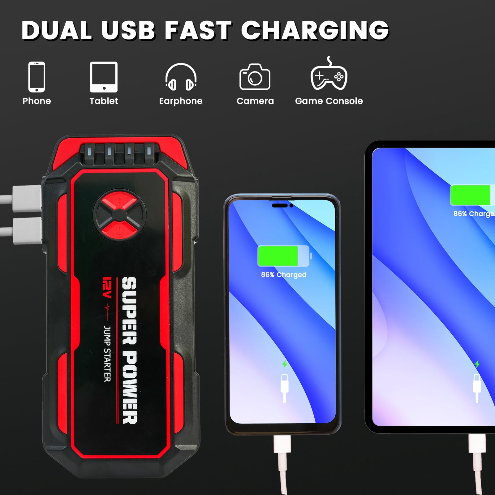 Sennachine 5000A Peak Power Portable Car Jump Starter, Compact Battery Jumper Box with USB Ports, LED Flashlight