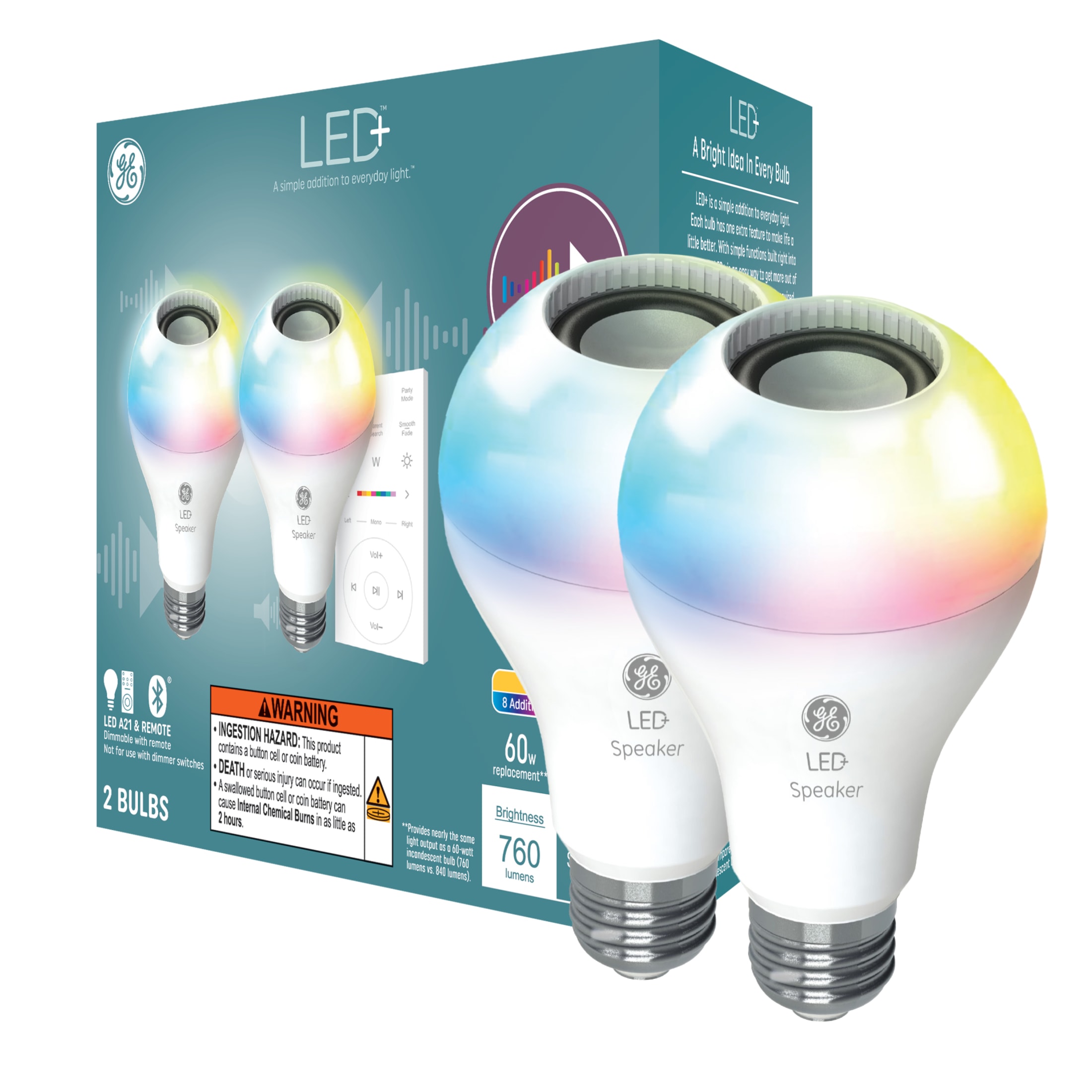 GE LED+ Speaker LED Light Bulb, Color Changing, 2-Pack photo 1