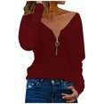 thumbnail image 1 of Mujeres Casual Hombro frío Cuello en V Suelto Cremallera sólida Manga larga Tops Blusa de mujer Fridja  fjkfkj4278, 1 of 5
