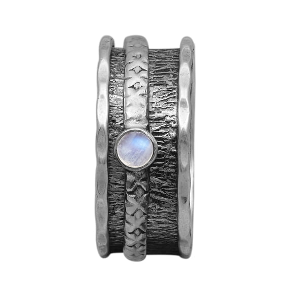 Spinner Ring 3MM Round Moonstone Fidget Hammered 925 Silver Men Women Band