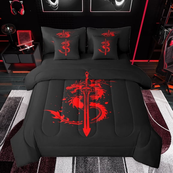 Feelyou Watercolor Dragon Twin Bedding Sets 7-Piece, Red Splash Graffiti Animal Bedding Comforter Set, Teens Kids Boys Girls Reversible Sheet Sets, Ultra Soft Bedroom Decor