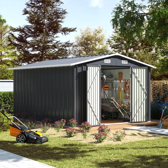 Aoxun 12 x 10 ft Outdoor Storage Shed, Galvanized Metal Shed with Lockable Door, Air Vents for Garden, Backyard, Black