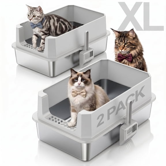2 Pcs Extra Large Stainless Steel Litter Box, 2 Pcs XL Cat Litter Boxes for Big Cats and Multiple Cats, Metal Litter Box with High Sides/Metal Scoop/Mat, Easy to Clean, Silver Gray