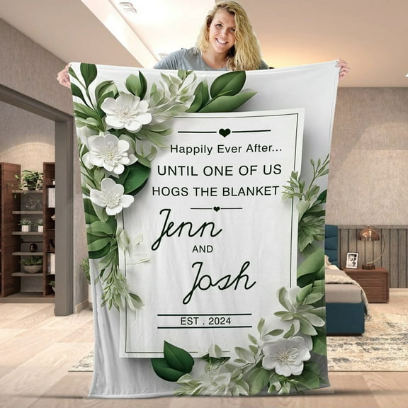 Personalized Couple Blanket – Funny Wedding Gift with Names & Est. Date – “Happily Ever After Until One Of Us Hogs The Blanket” Throw for Newlyweds or Anniversary Valentine's Day -Sherpa -50x60