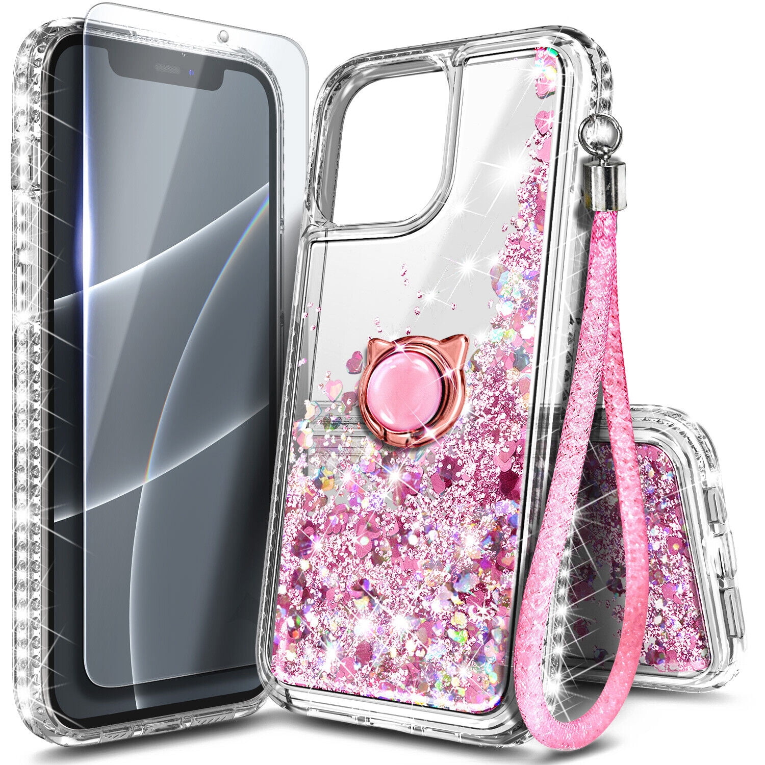 Case for iPhone 14 Pro, Moving Liquid Holographic Glitter Case with Kickstand, Women Slim Protective Case, Clear