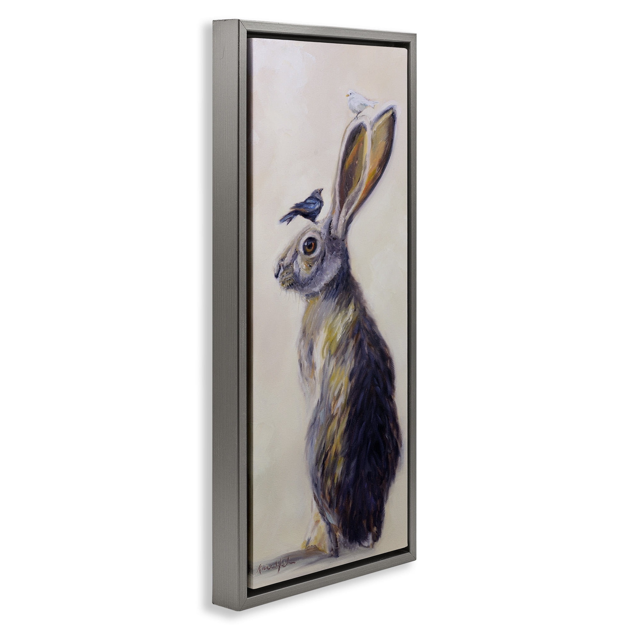 Stupell Industries Minimal Rabbit & Perched Birds Animals & Insects Painting Gray Floater Framed Canvas Art Print Wall Art, 15 x 31