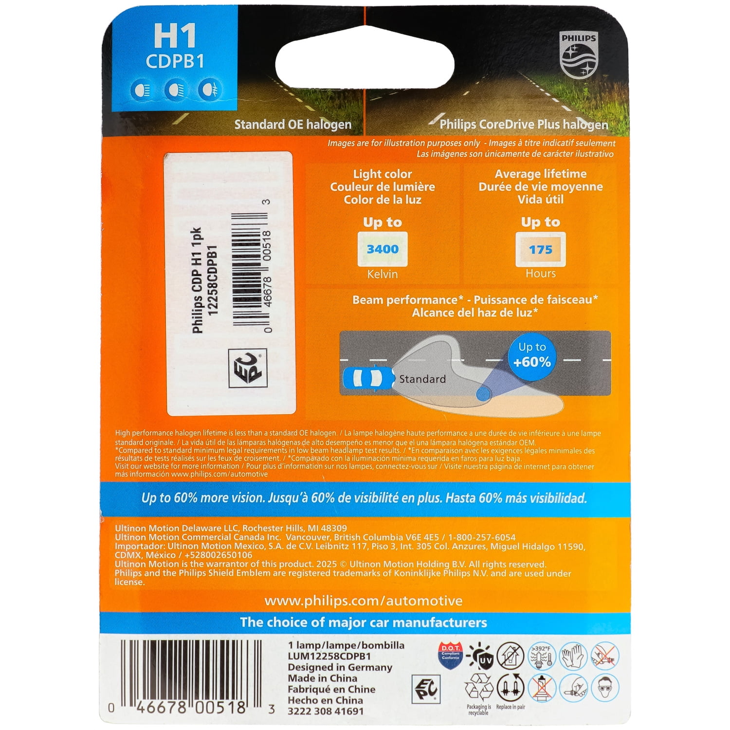 Philips CoreDrive Plus H1 Halogen Headlight Bulb, 1 Pack, Fits Select Vehicles
