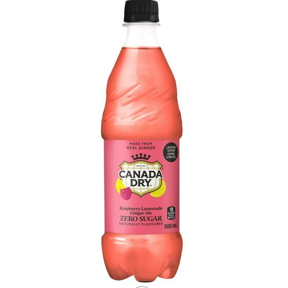Canada Dry Raspberry Lemon Ginger Ale Zero Sugar, Canada Dry Raspberry Lemonade Ginger Ale Zero Sugar brings the crisp and refreshing taste of Ginger Ale blended with a delicious twist of raspberry lemonade flavour, without the sugar.