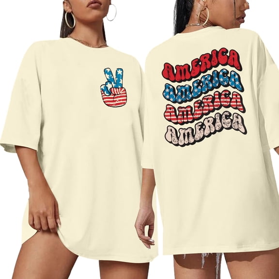 ALLTB American Flag Oversized Shirts Women American Flag Peace Sign Hand Tshirt 4th of July Patriotic Short Sleeve Tee