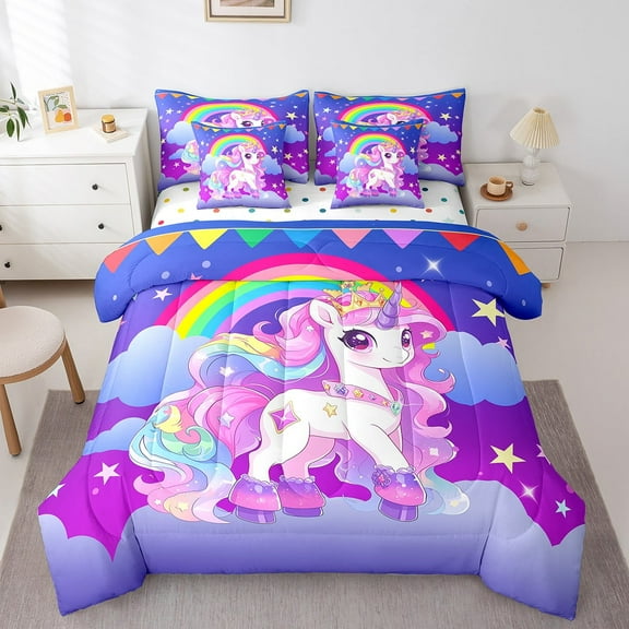Rainbow Unicorn Room Decor For Girls Comforter Set 7 Piece Bed in a Bag Twin,Cute Cartoon Horse Bedding Sets Purple Blue Galaxy Sheet Set with Comforter