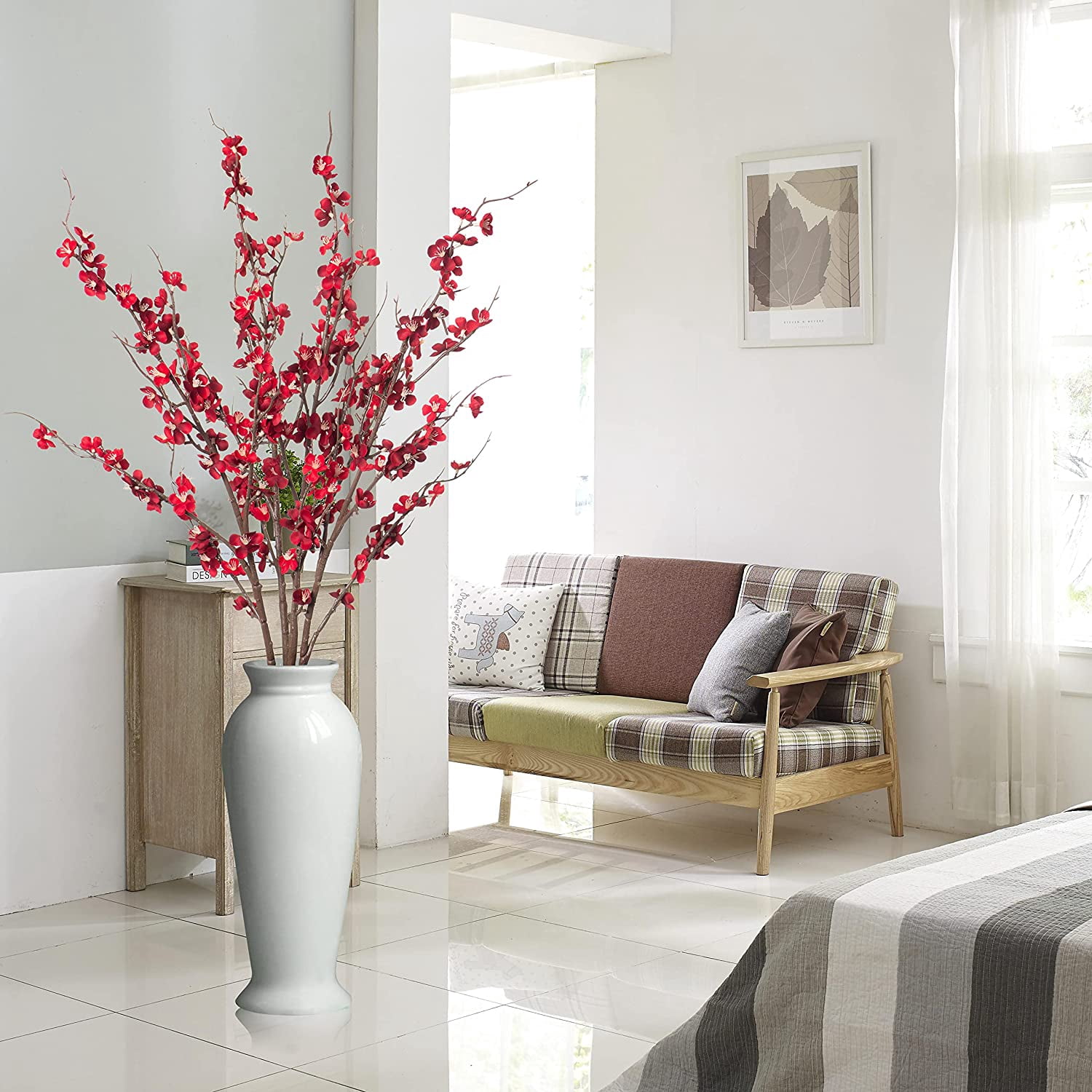 Artificial Plum Blossom Fake Silk Cherry Blossom Branches Flowers,Faux Long Stems Wintersweets Arrangement for Wedding Home Office Bedroom Spring Party Decor(White)