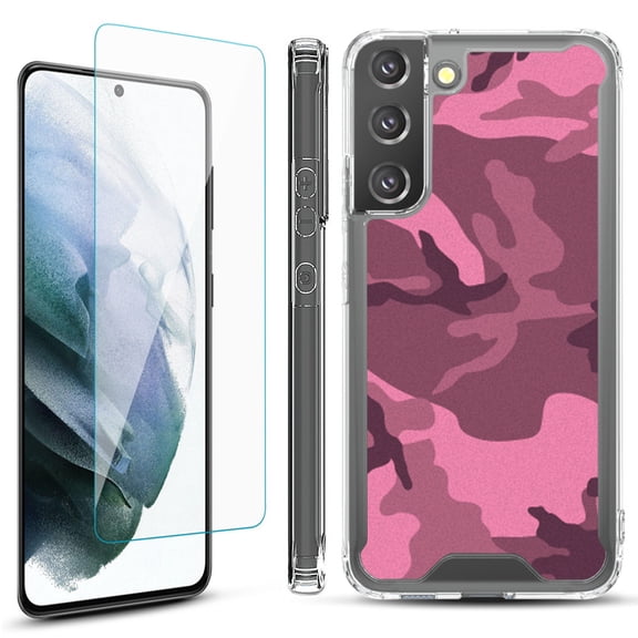 Shockproof Bumper Phone Case for Samsung Galaxy S22  / S22 Plus 5G, with Tempered Glass Screen Protector, by OneToughShield ® - Camo Pink