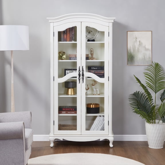 BOUQUETYZ 72" Arched Farmhouse Display Cabinet with Glass Doors, 6-Tier Wooden Bookcase, French Country Curio Cabinet, Antique White