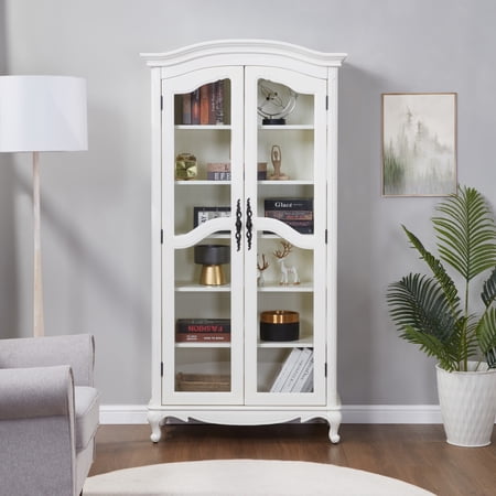 BOUQUETYZ 72" Arched Farmhouse Display Cabinet with Glass Doors, 6-Tier Wooden Bookcase, French Country Curio Cabinet, Antique White