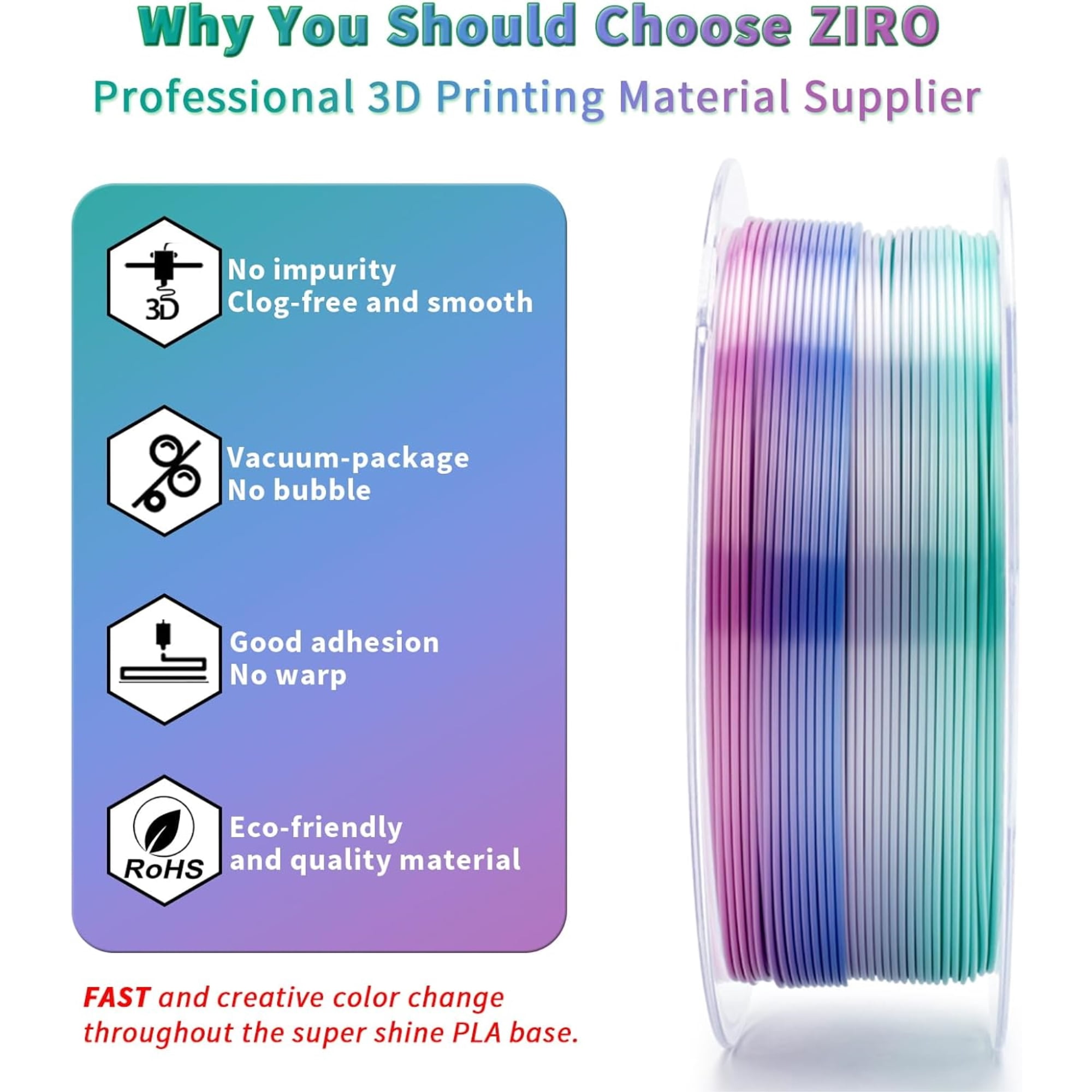 Ziro 3D Gradient Silk PLA Filament 1.75mm 1kg, Aqua sky