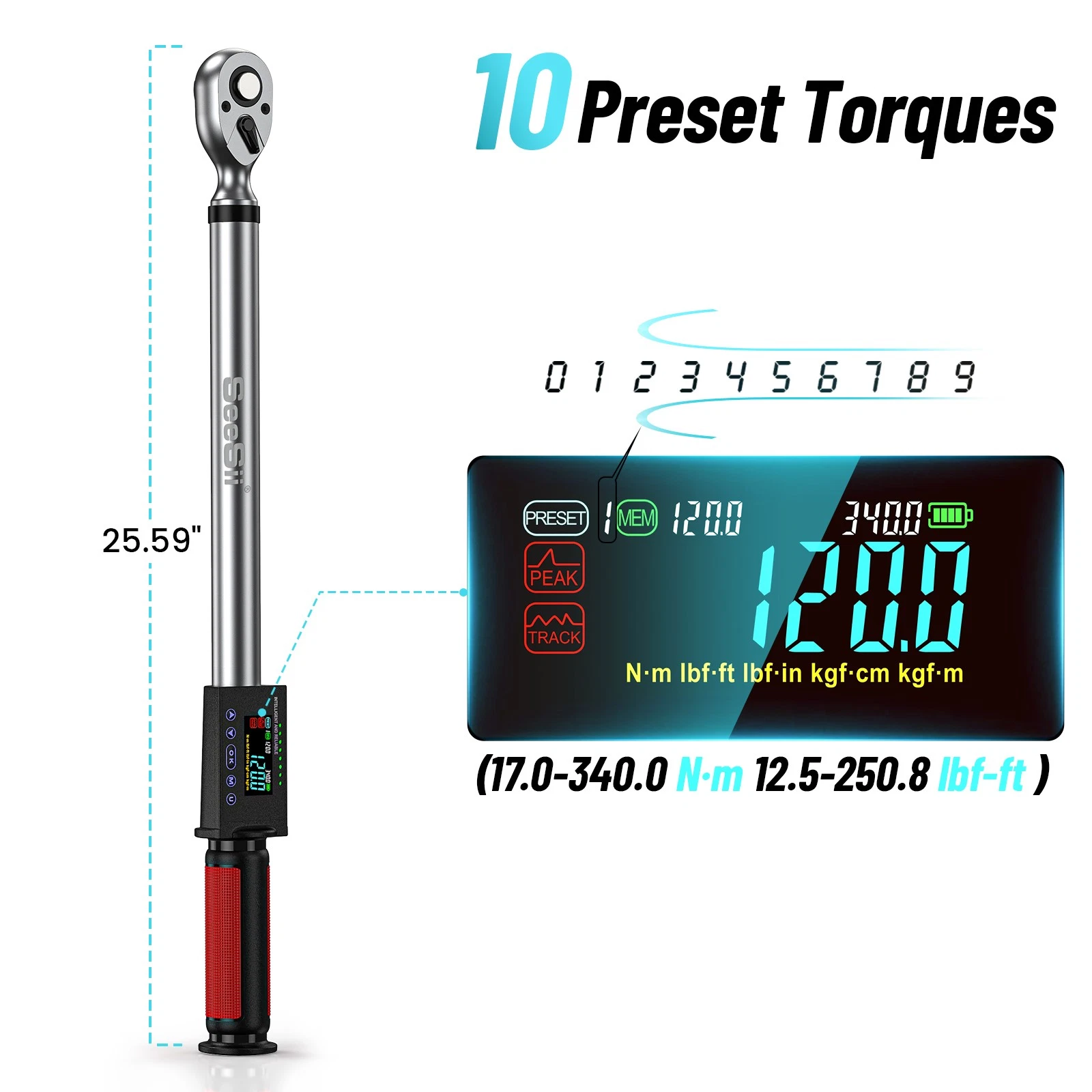 Seesii Digital Torque Wrench 1/2" Drive(12.5-250.8ft-lbs/17-340N.m), 2% Torque Accuracy Electric Torque Wrench with 3 Adjustable Modes, Torque Wrench Digital with Buzzer LED Flash