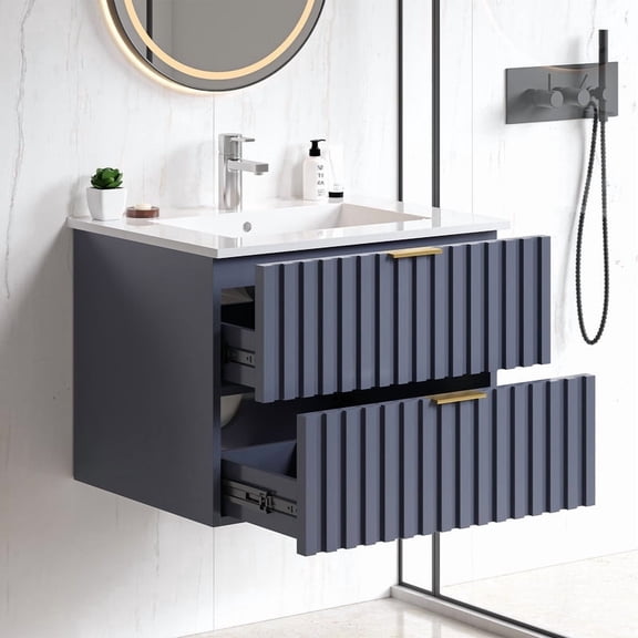24 Inch Bathroom Vanity with Sink Combo, Floating Bathroom Vanity with 2 Fluted Drawers & Metal Handle, Modern Wall Mount Storage Cabinet with Ceramic Integrated Sink for Small Space (Blue)