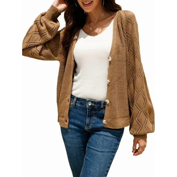 Women'S V Neck Sweater Casual Loose Ribbed Knit Cardigan Sweaters Sleeve Button Down Soft Knitwear Khaki XL
