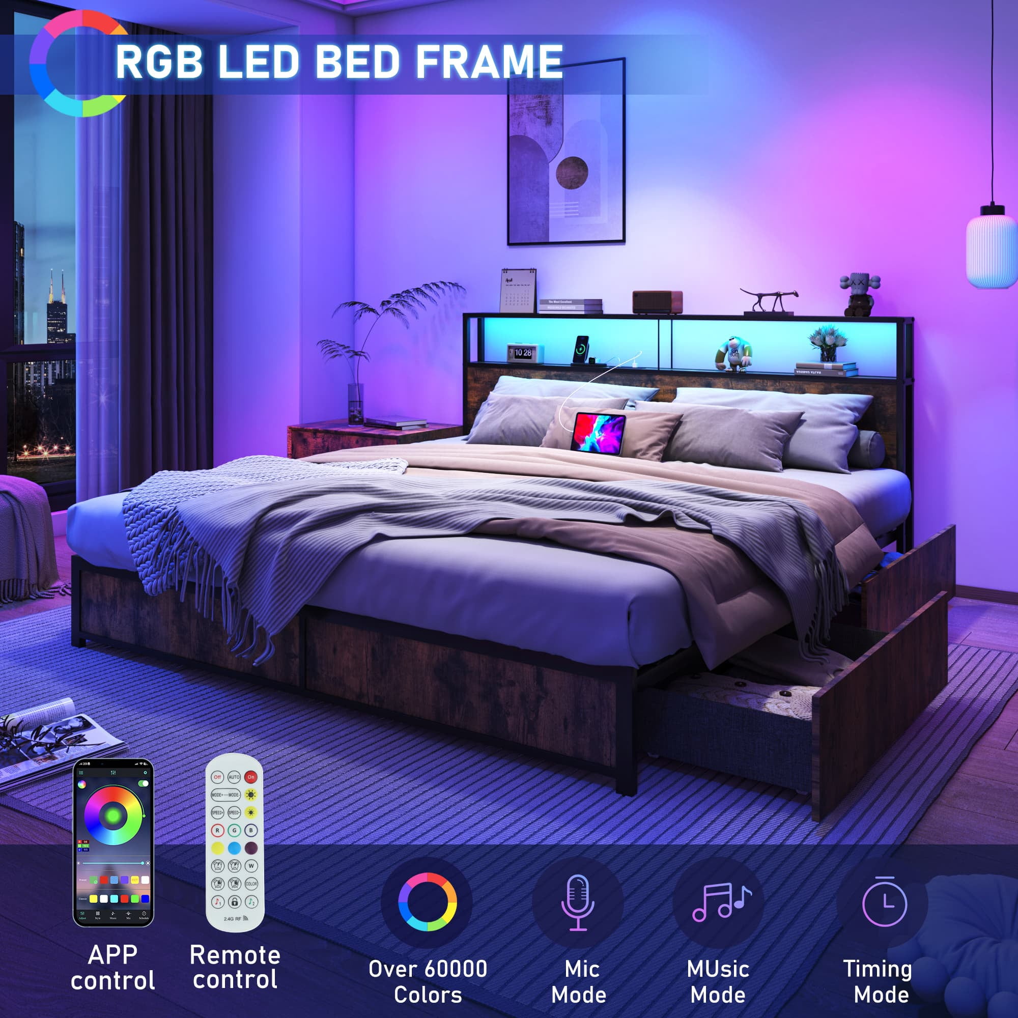 LED Full Bed Frame with Storage Headboard & 4 Drawers, Industrial Metal Platform Bed with Power Charging Station & USB Ports