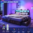 thumbnail image 3 of LED Queen Bed Frame with Storage Headboard & 4 Drawers, Industrial Metal Platform Bed with Power Charging Station & USB Ports, 3 of 10