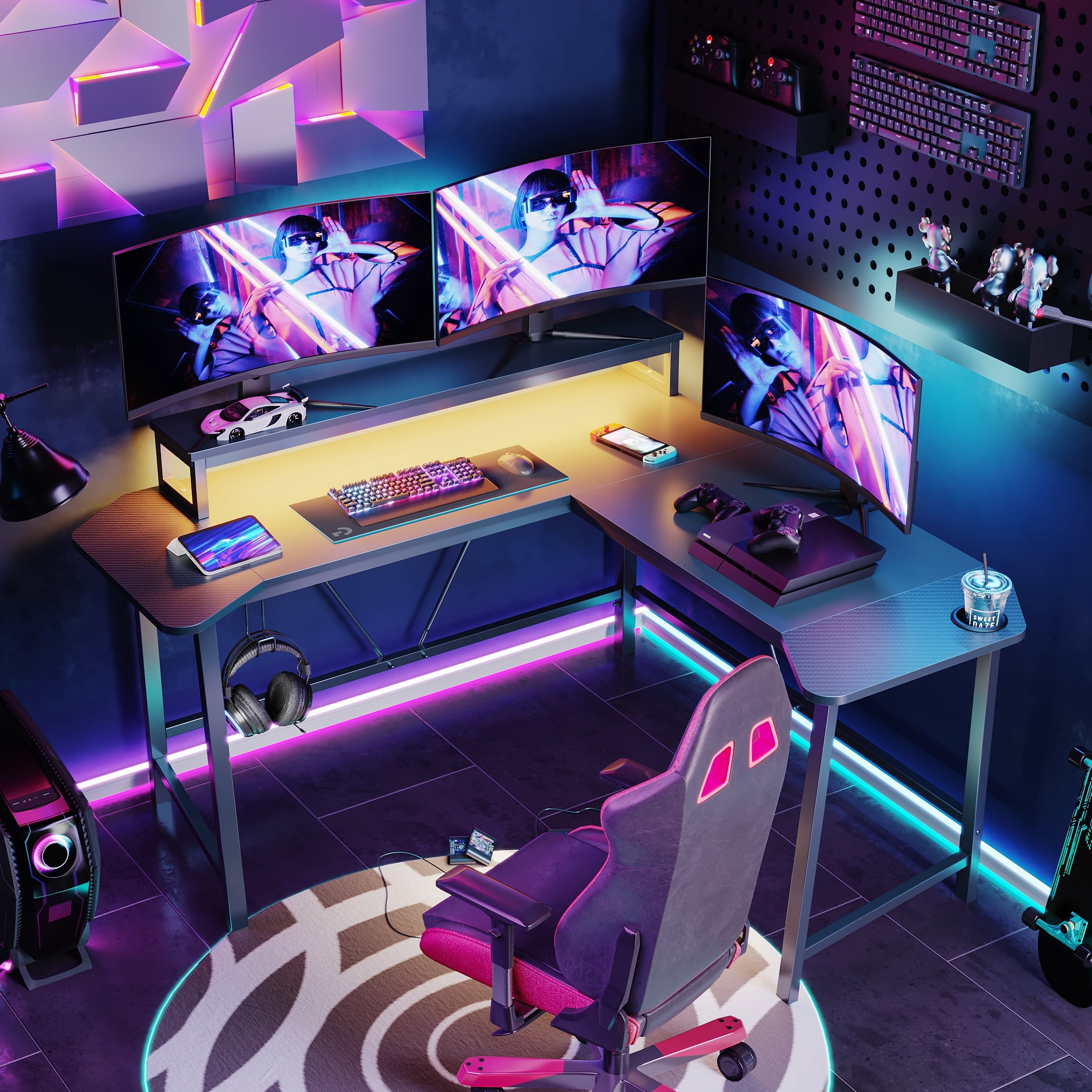 Bestier L-Shaped Gaming Desk 57 Inch Corner Computer Desk with LED Lights & Monitor Riser, Black