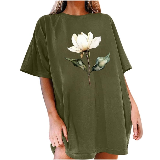 Camisetas de Manga Corta para las Mujeres Impresión Floral Cuello Redondo Gota Hombro Manga Superior Moda Casual para Verano Camisetas de Manga Corta para las Mujeres
