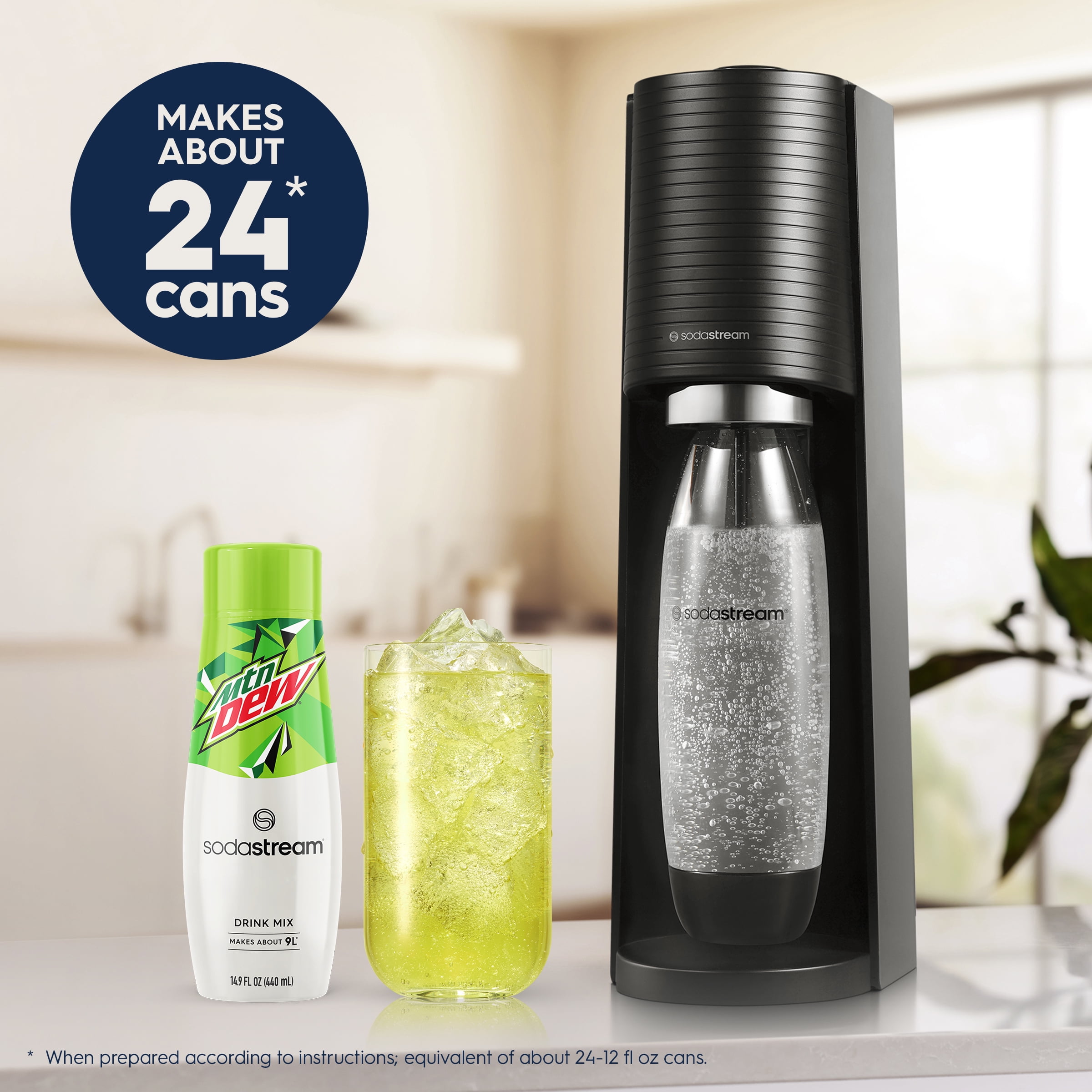 SodaStream Terra (Black) Sparkling Water Maker Bundle, with CO2, DWS Bottles, and MTN Dew Flavor Mix