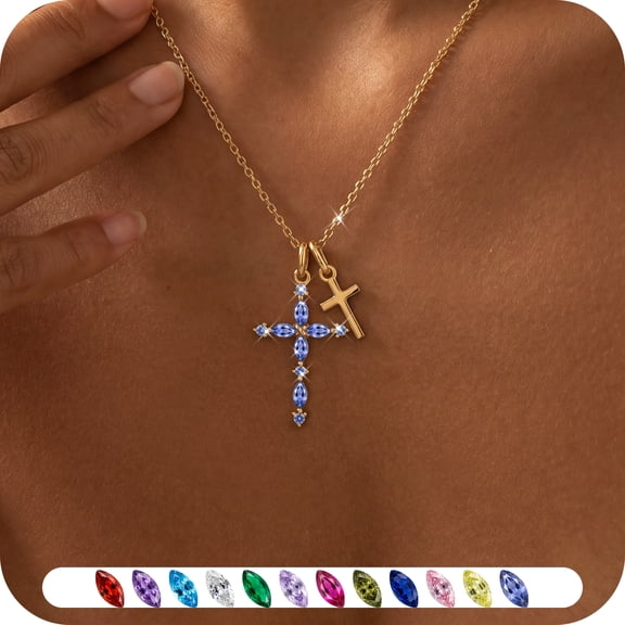Yndra 18K Gold Plated 925 Sterling Silver 3-Way Cross Necklace for Women,Detachable December Tanzanite Birthstone Cross Double Pendant Christian Necklace,Anniversary Birthday Jewelry Gift for Her
