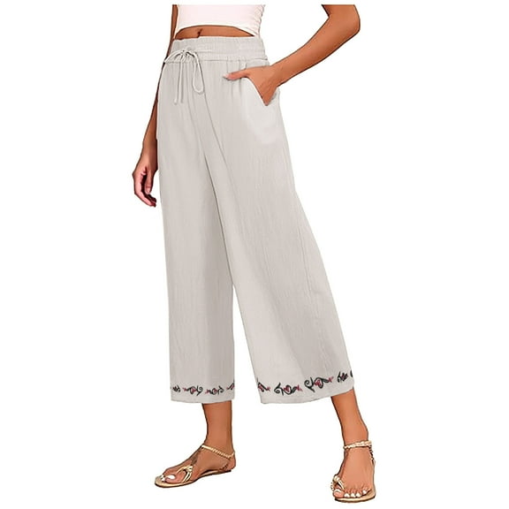 Cotton Linen Embroidered Capri Pants for Women Casual Elastic Waist Drawstring Wide Leg Pant Summer Cropped Trousers