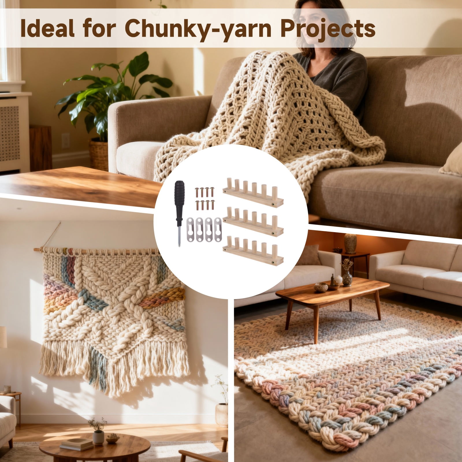 35.4" Chunky Knitting Blanket Loom, Wooden DIY Weaving Loom Kit, Adjustable Modular Blanket Frame with Assembly Hardware, 3-in-1 Knitting Loom for Thick Yarn