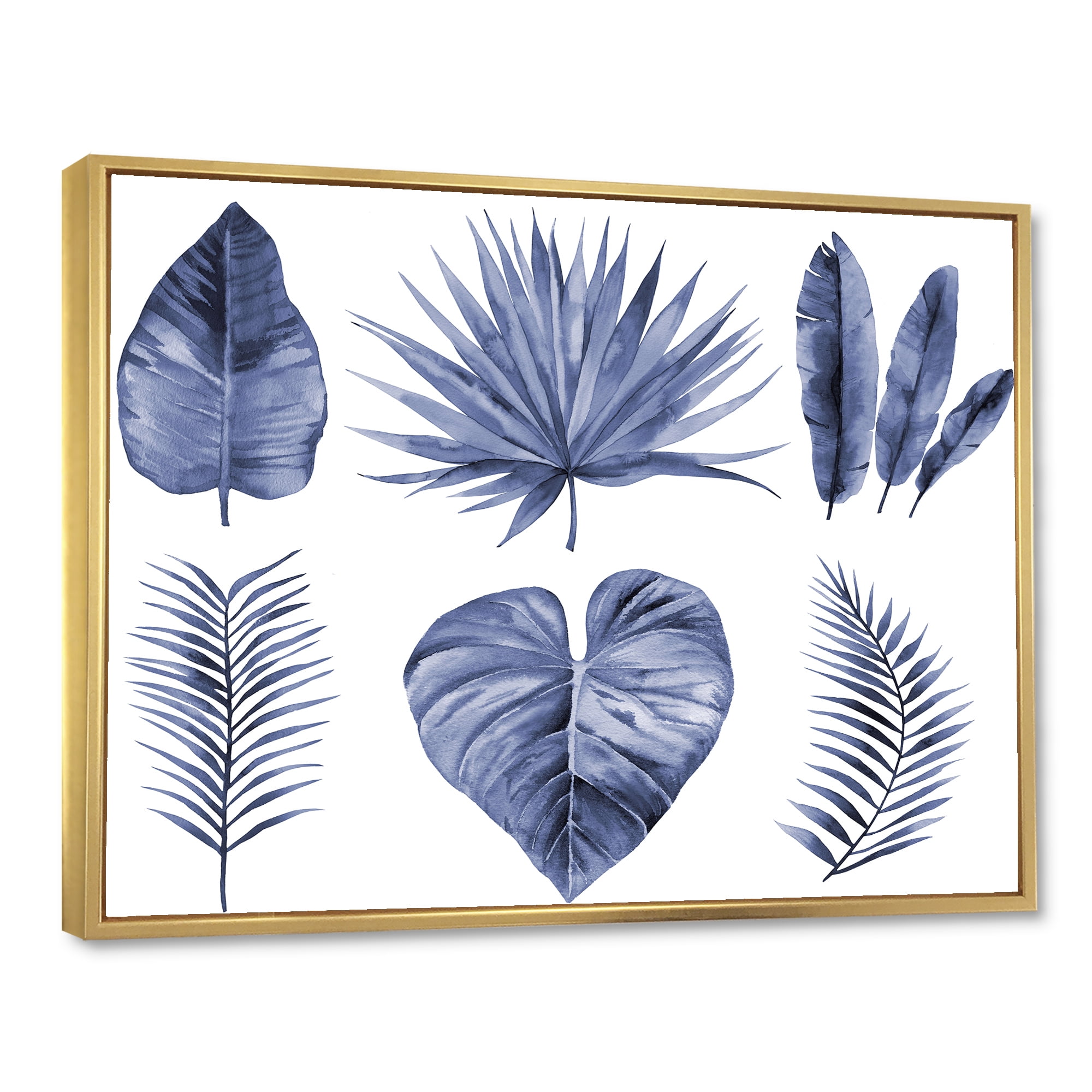 Designart 'Blue Watercolour Tropical Leaves IV' Traditional Framed Canvas Wall Art Print