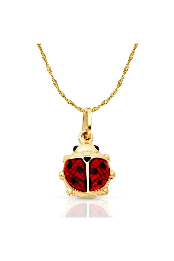 -14K Yellow Gold Lady Bug Colored Enamel Lucky Charm Pendant with 1.2mm Singapore Chain Necklace - 20"