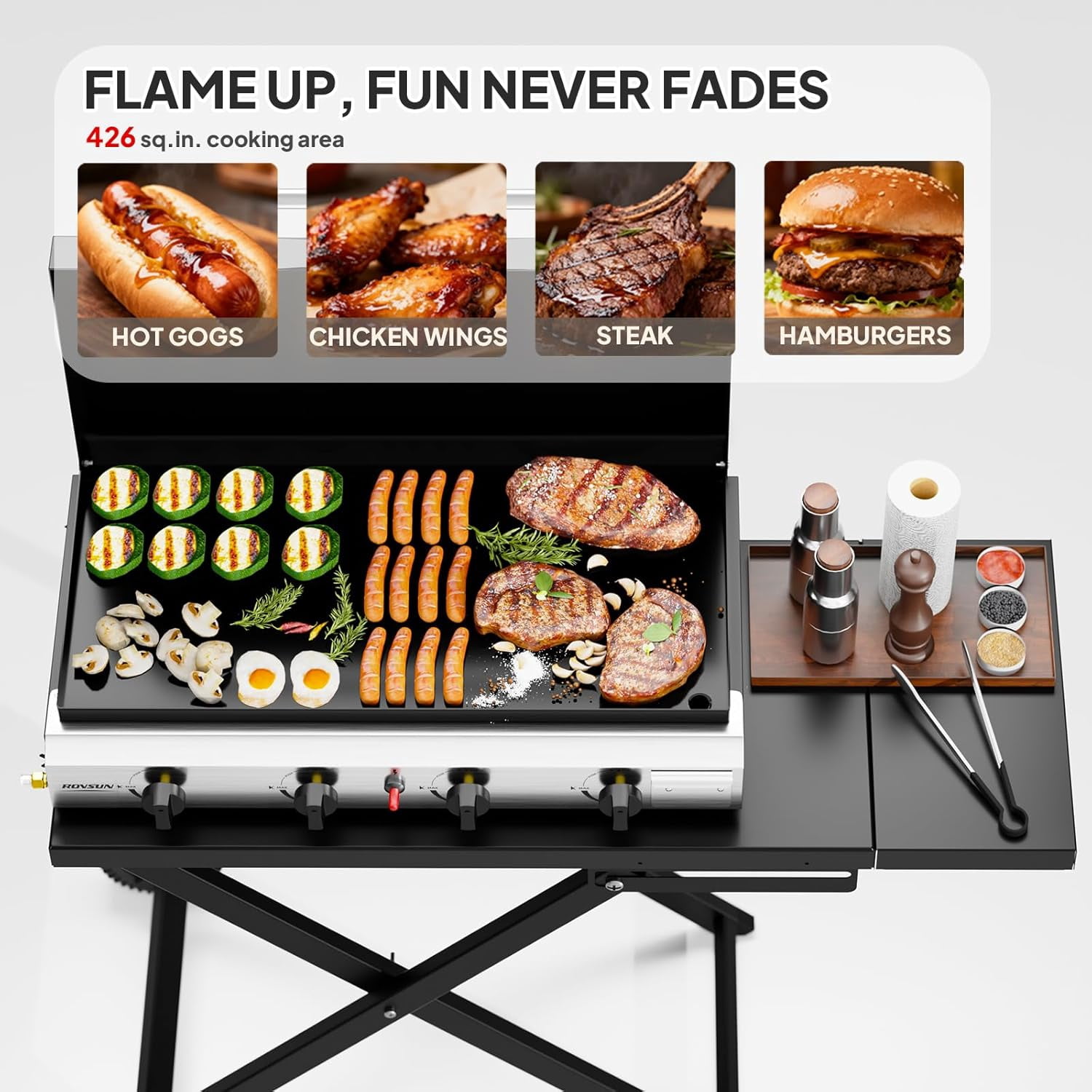 TUFFIOM 4 Burner Foldable Propane Griddle with Wheels, Enameled Tray & Lid, Portable Rolling Flat Top Gas Grill with Electronic Ignition & Regulator for Outdoor Cooking Camping BBQ Tailgating