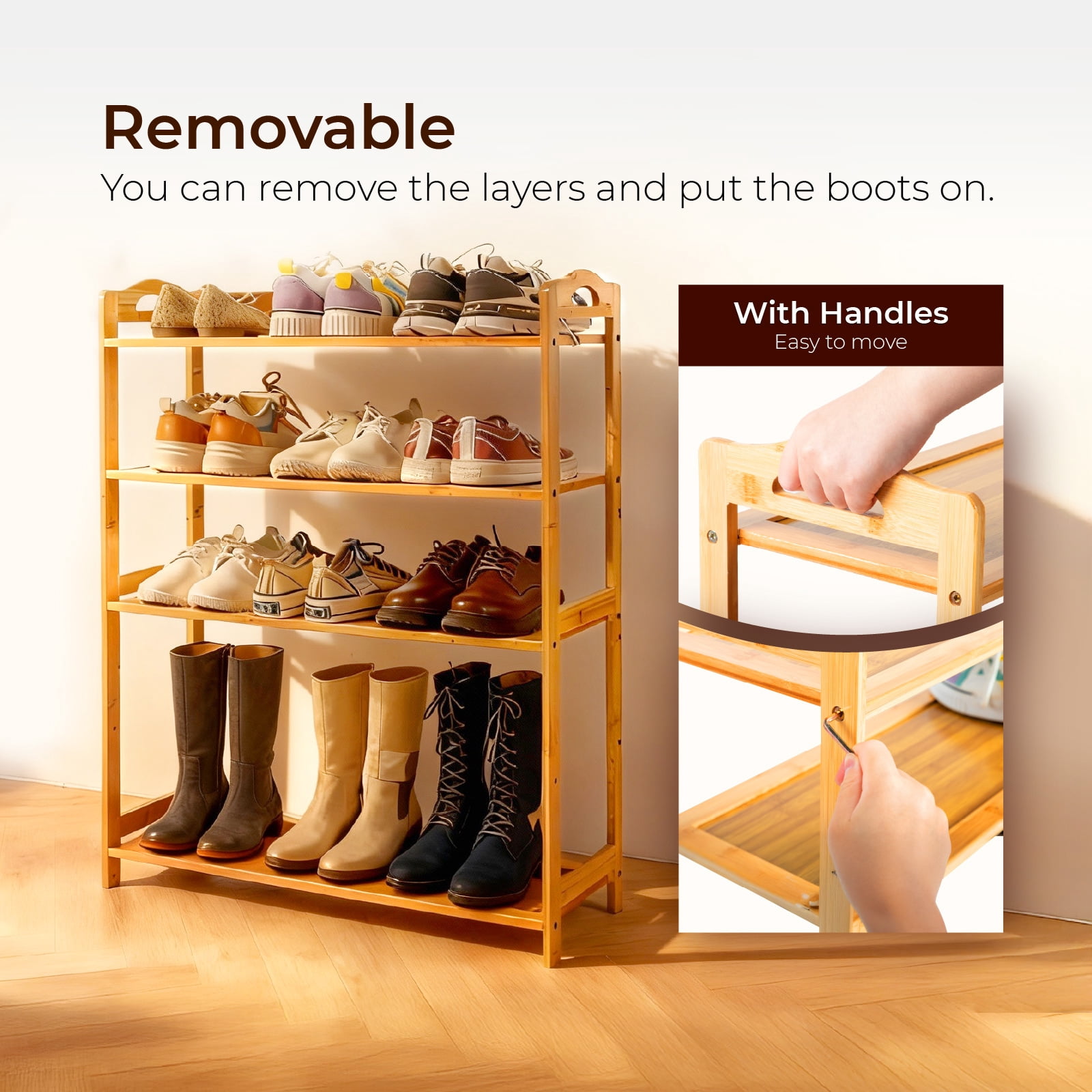 5 Tier Natural Bamboo Shoe Rack Eco Friendly 15 Pairs Capacity Slim Space Saving Open Shelf for Entryway Closet Hallway Apartment