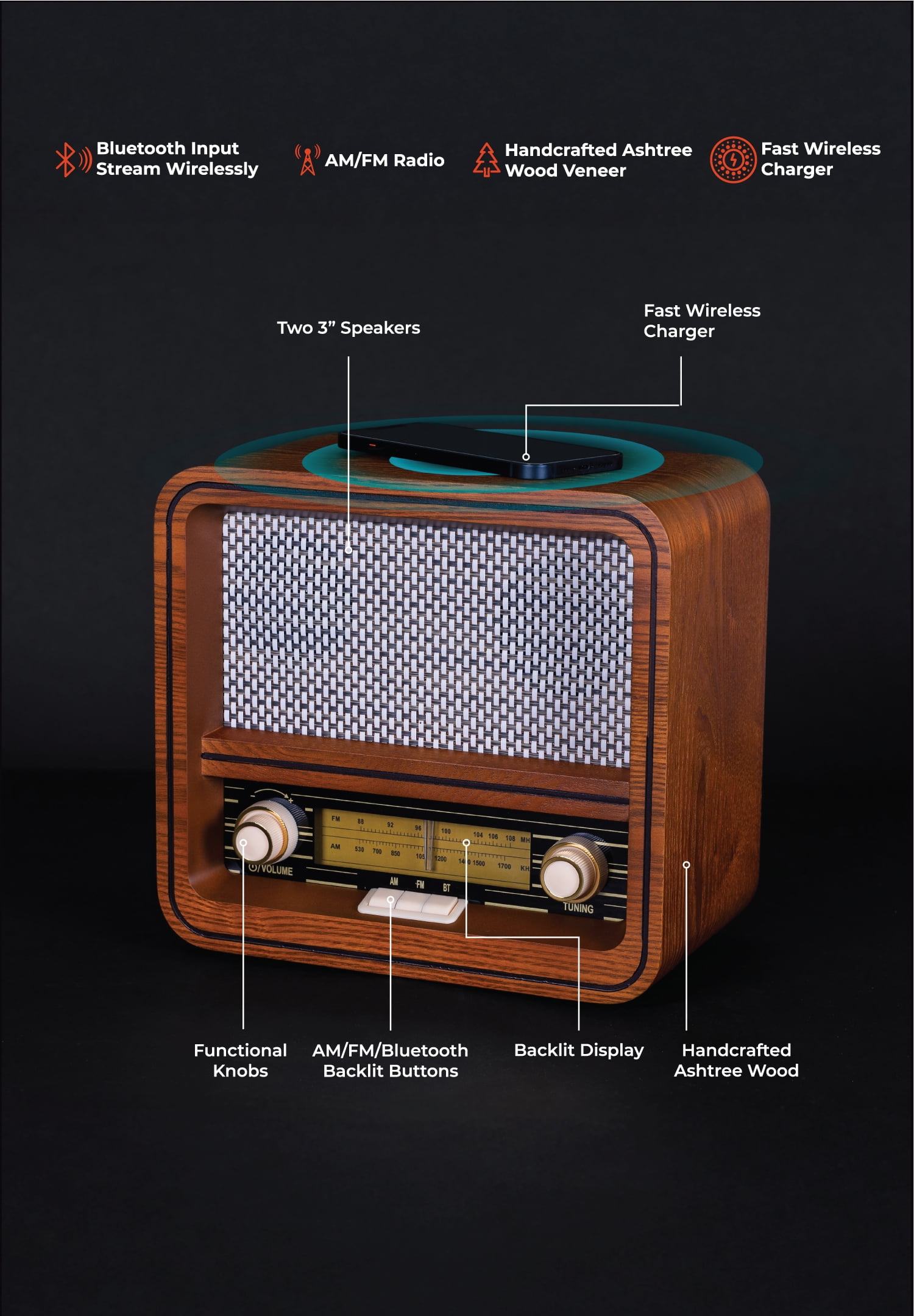 Fuse RAD Vintage Wood Retro Radio | AM/FM Radio with Bluetooth, Wireless Charger & AUX Input | Mid Century Modern Style | Handcrafted Ashtree Wood