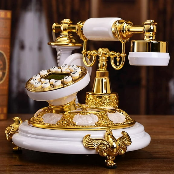 Antique Corded Telephone Old Fashioned Landline Rotary Dial Phone White/Gold