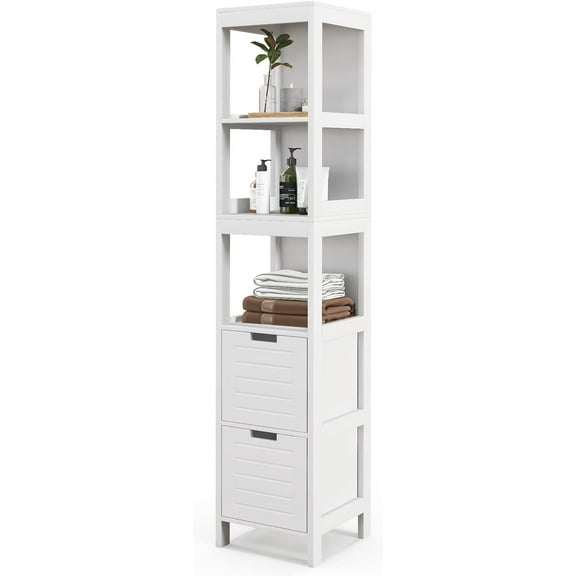 RONG-3 Tall Bathroom Storage Cabinet, Wooden Slim Bathroom Cabinet with Anti-toppling Device, Tall Narrow Storage Cabinet with 2 Removable Drawers, White