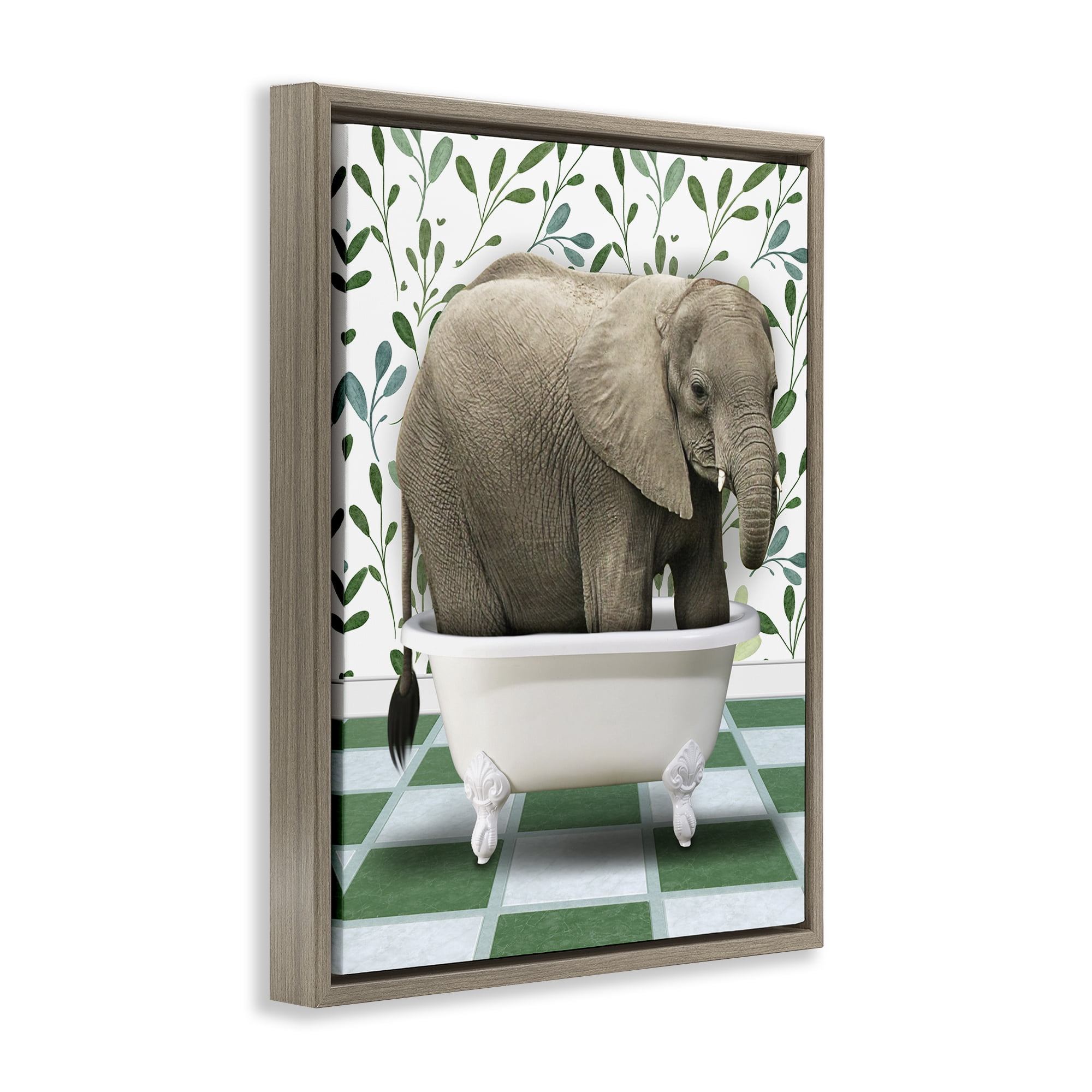 Stupell Industries Bathing Elephant on Green Bath & Laundry Painting Brown Floater Framed Canvas Art Print Wall Art, 17 x 21