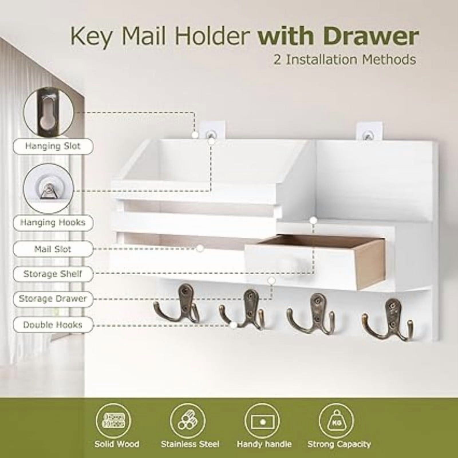 Key Holder Wall Mount, Wooden Adhesive Mail and Key Organizer with Drawer, Small Shelf, 8 Hooks, 2 Installation Methods, White