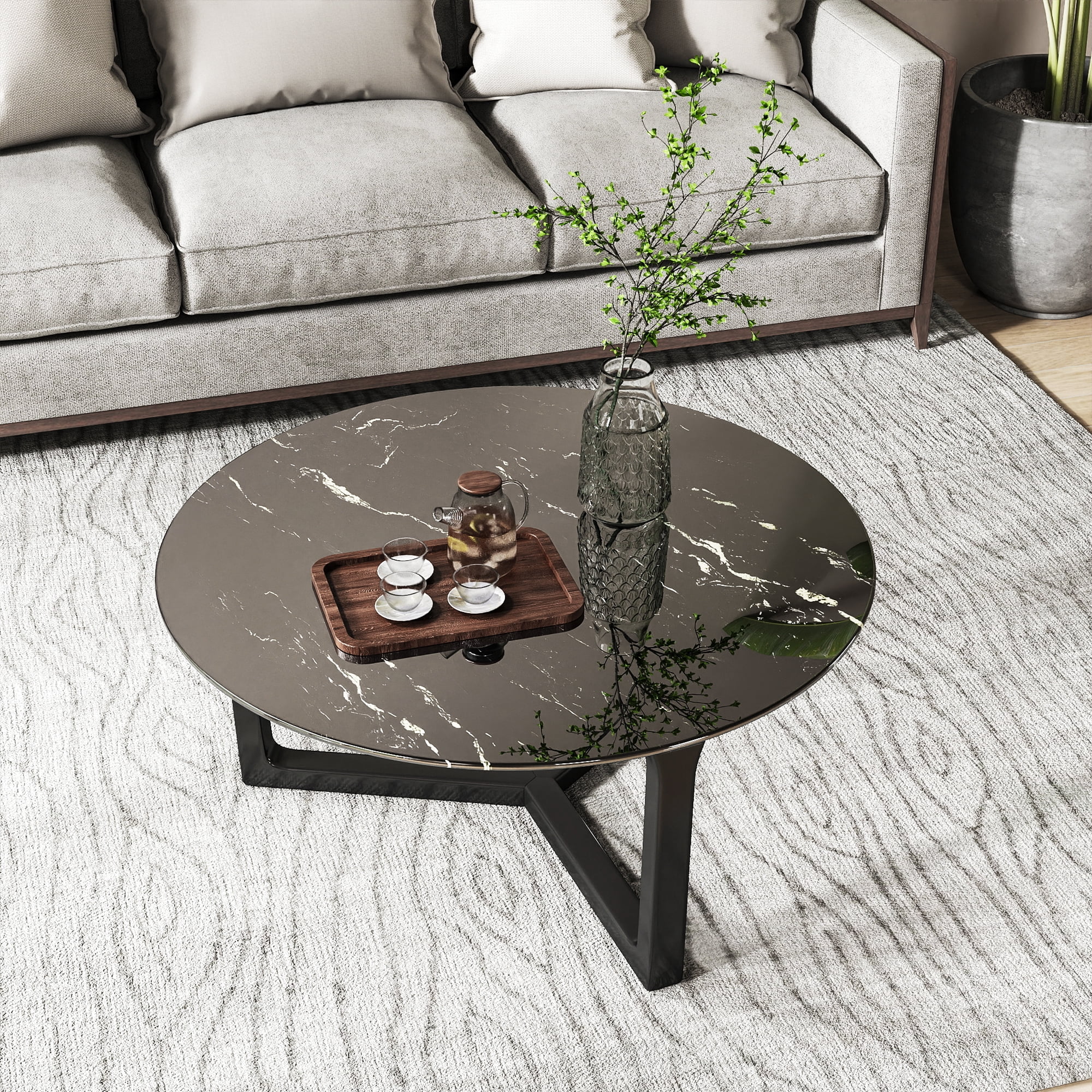 MAYEERTY 28in Round Tempered Glass Table Top, 0.31in Thick Black Gold Vein Marble Print DIY Replacement Table Cover, Heat Scratch Proof Desktop for Small Side Coffee Patio Bistro Table