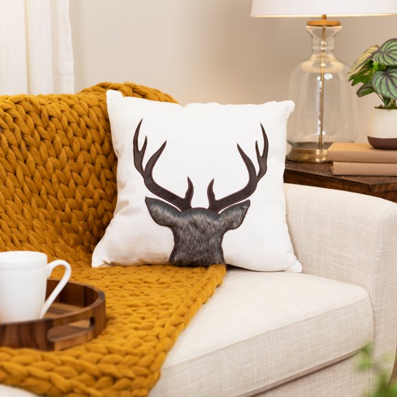 Northlight Faux Fur Reindeer Christmas Throw Pillow - 17.5" x 17.5" - Off-White and Brown