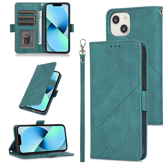 Skin-Friendly Wallet Case for iPhone 14 Plus, Premium PU Leather Shockproof Card Slots Cash Holder Flip Cover with Kickstand Folio Magnetic Clasp Wrist Hand Strap Handbag Case,Blue