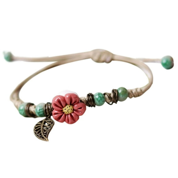 Kripyery Women Bracelet Handmade Braided Woven Ceramic Beads Hollow Leaf Ethnic Style Gift Adjustable Flower Charm Students Bracelet Rope Fashion Jewelry