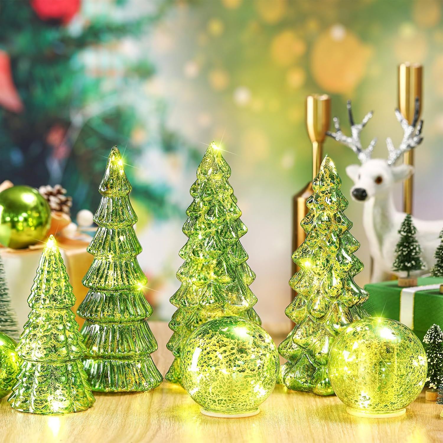 6 Pcs Mercury Glass Christmas Tree for Tabletop Light up Figurine Christmas Tree Mercury Cracked Glass Globe with Light for Xmas Decor Home Party Centerpiece Mantel Gift