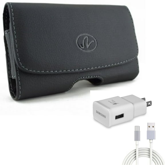 Swivel Leather Case Belt Clip w 6ft USB Cable Type-C Fast Home Charger for Nokia 3.1 - OnePlus 7T, 6T, 8, 6, 9, 8T Plus, 5G UW - Razer Phone 2 - Samsung Galaxy XCover Pro S9 Plus S8 Plus