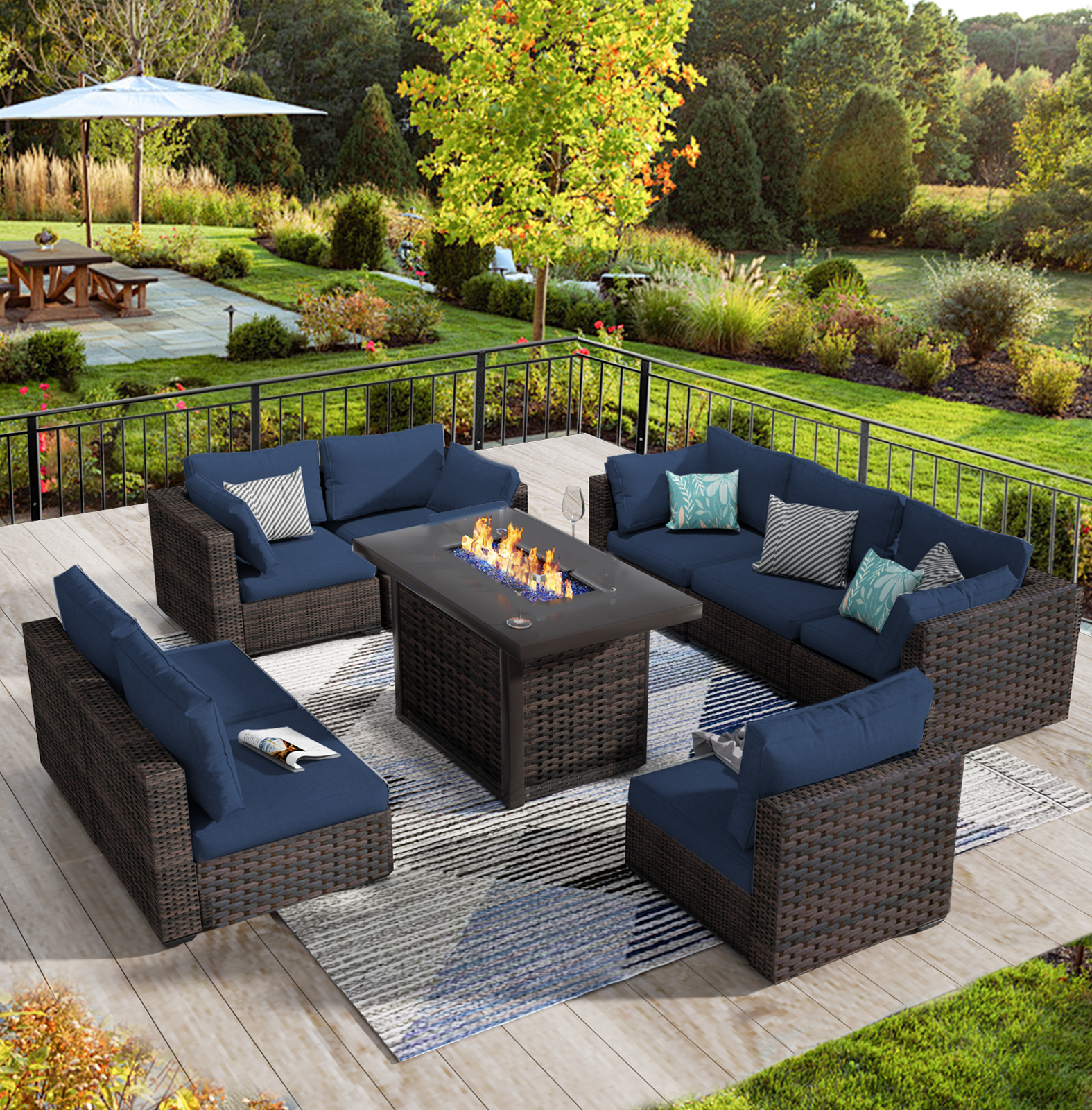 Grezone 9 Pieces Patio Furniture Set with Fire Pit Table, All Weather Outdoor Sectional PE Rattan, Patio Conversation Sets with Gas Fire Pit and Cushions for Garden Lawn Balcony Porch Deck, Blue