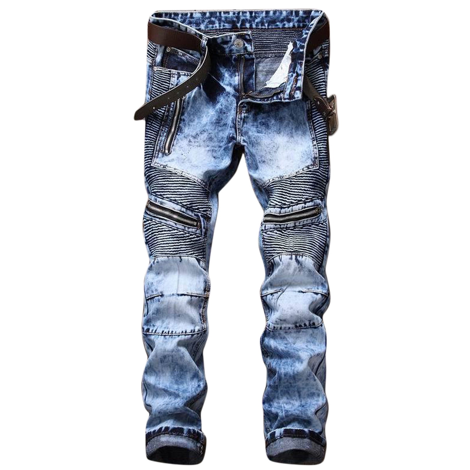 GENEMA Hip Hop Moto Biker Jeans with Zipper Decoration Vintage Washed Ruched Slim Fit Denim Pants Trousers Streetwear Walmart.com