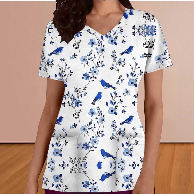 Jacenvly Hauts pour Femmes Décontractés Liquidation Mode pour Femmes Décontractée Col en V Imprimé de la Saint-Valentin Manches Courtes avec Poche Robe d'Infirmière Hauts et Chemisiers pour Femmes
