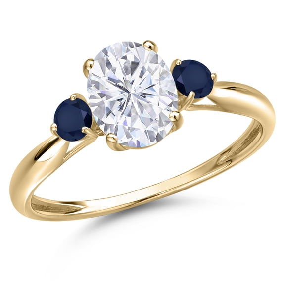 Gem Stone King 10K Yellow Gold White Moissanite and Blue Sapphire 3-Stone Ring for Women | 1.80 Cttw | Oval 8X6MM | Gemstone Birthstone | Size 7